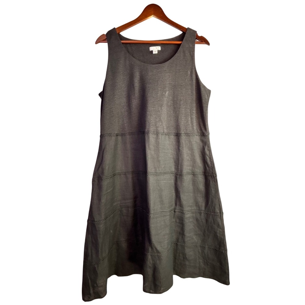 Lagenlook Coastal 100% Linen Midi Dress J. Jill M Petite Black Sleeveless A-line - Picture 1 of 8